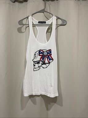 Metal Mulisha White Racerback Tank with Skull & Patriotic Bow